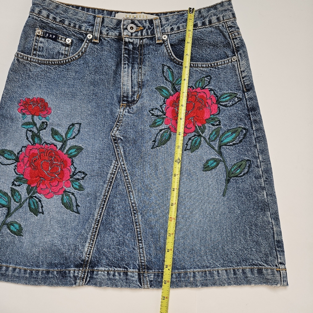 Embroidered Denim Skirt Floral Midi Boho - Picture 9 of 10